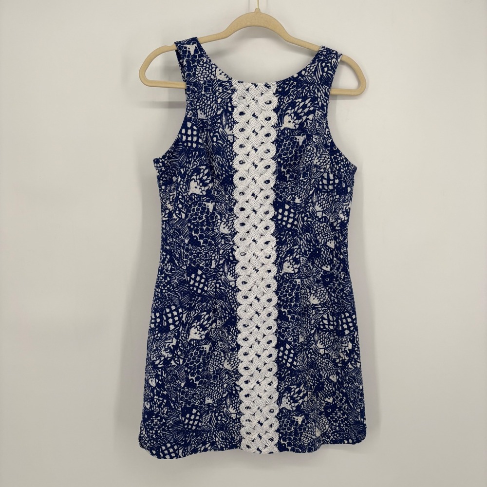 Lilly Pulitzer Blue White Sea Print Shift Dress Crochet Trim Size 10